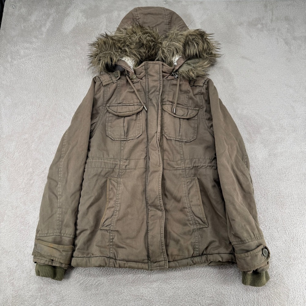 Aeropostale Womens Medium Brown Faux Fur Hooded Parka Jacket Rips Flaws